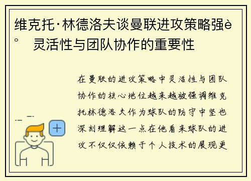 维克托·林德洛夫谈曼联进攻策略强调灵活性与团队协作的重要性